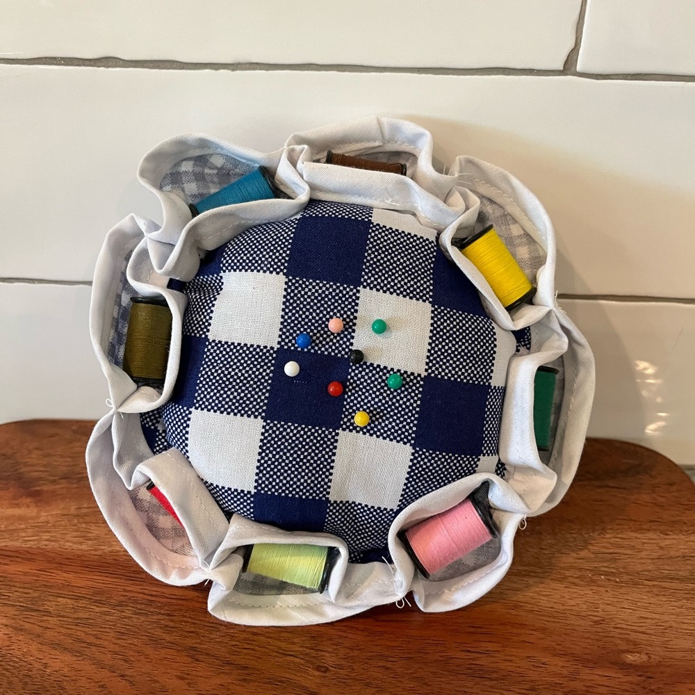 Hand Crafted Checkered Blue and White Pin Cushion